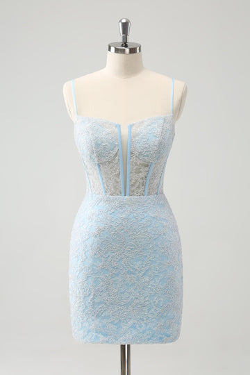 Ljusblå Bodycon Spaghetti Straps Korsett Homceoming Klänning med Paljetter